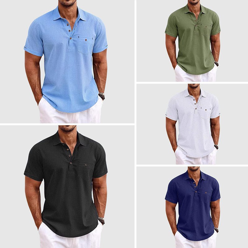 Versatile men's breathable top, short sleeve polo with chest pocket for casual elegance.