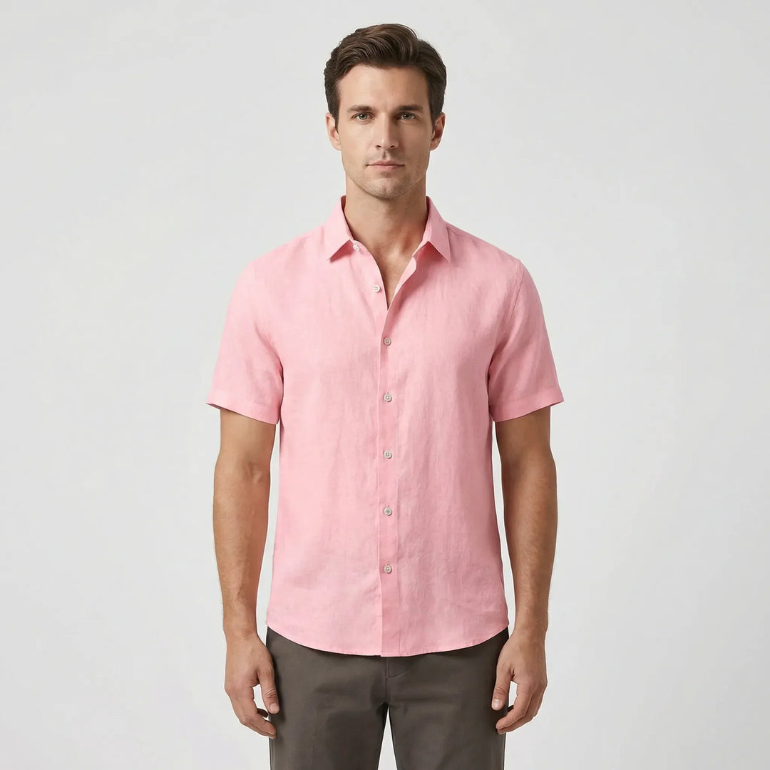 Solid color men's short sleeve button-up shirt, perfect for summer vacation & resort wear.