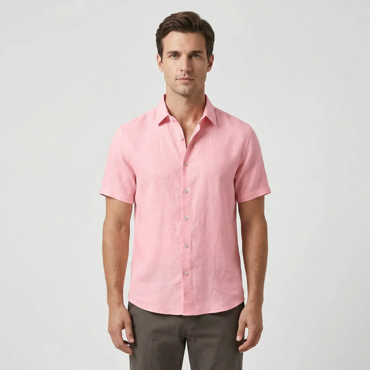Solid color men's short sleeve button-up shirt, perfect for summer vacation & resort wear.