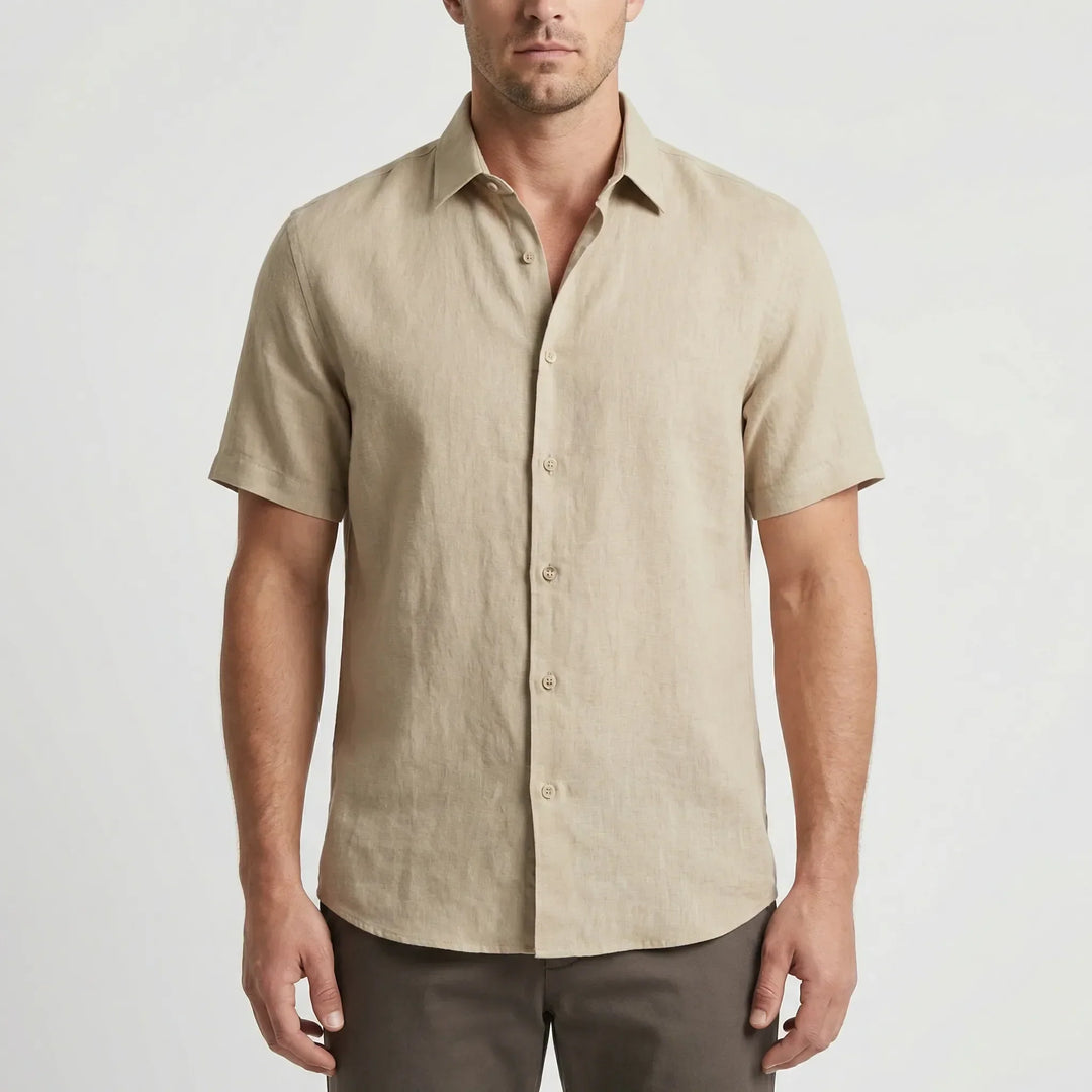 Everyday men's breezy button-up shirt, short sleeve & relaxed for easy warm weather wear.