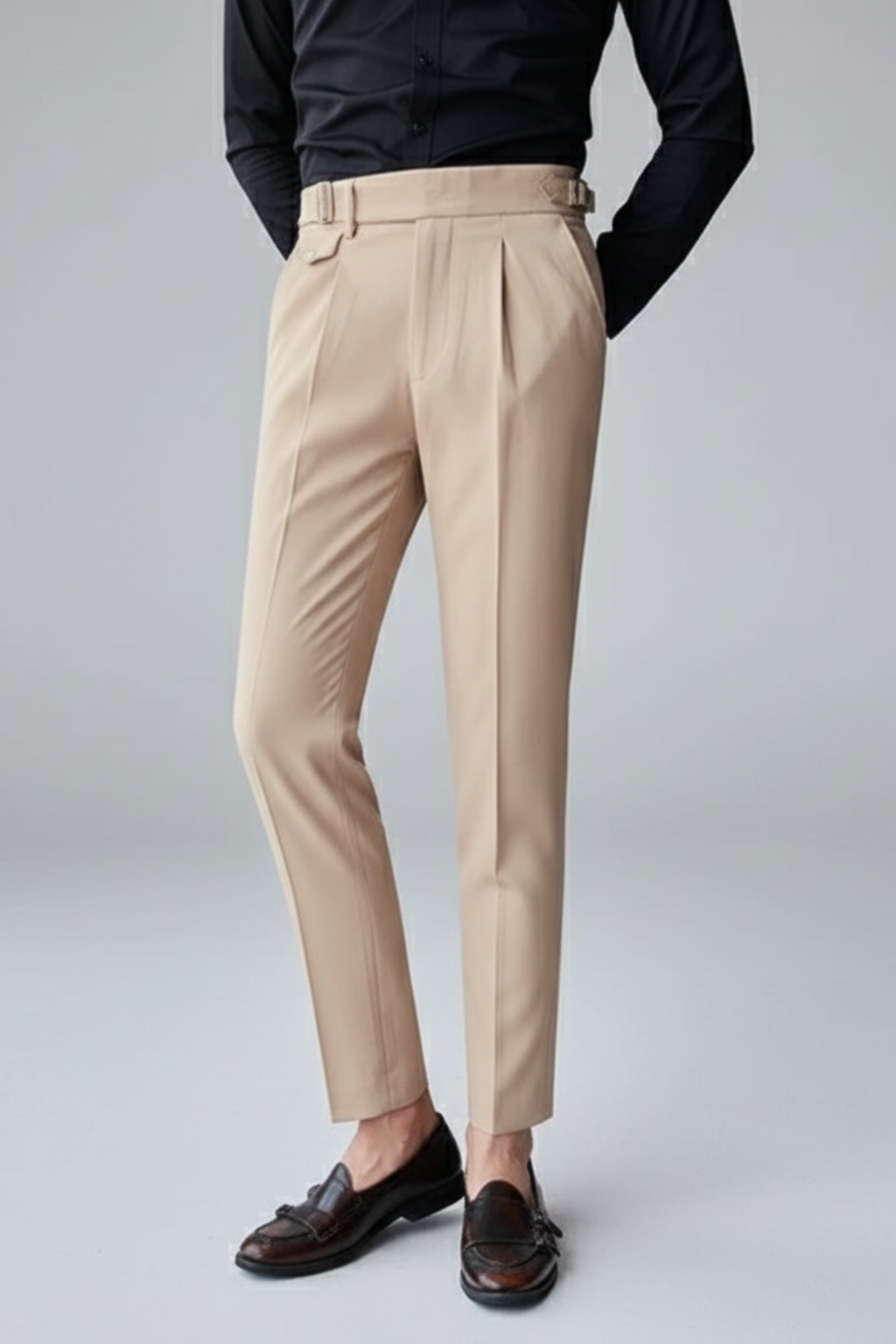 Men's British business trousers with stylish pleated design, perfect for office wear & professional style.