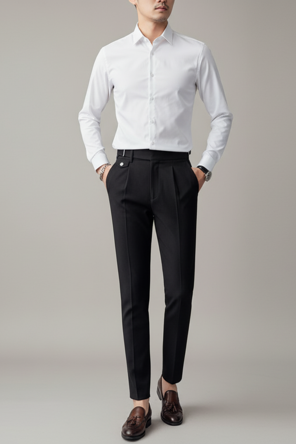 Tailored fit men's formal pants, ideal for business wear & smart casual office attire. British style.