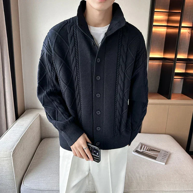 Stylish men's cable knit cardigan, a chunky button-front sweater for all-season casual or smart casual layering.