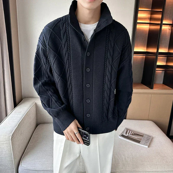 Stylish men's cable knit cardigan, a chunky button-front sweater for all-season casual or smart casual layering.