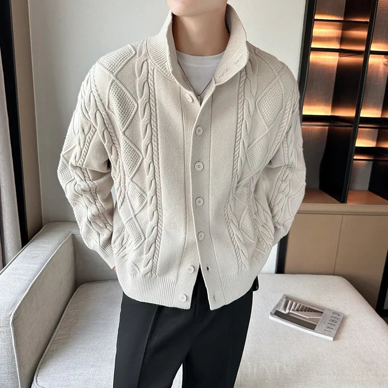 Chunky men's cable knit cardigan sweater with button-front, ideal for versatile all-season layering & casual style.