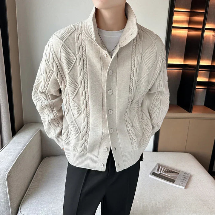 Chunky men's cable knit cardigan sweater with button-front, ideal for versatile all-season layering & casual style.
