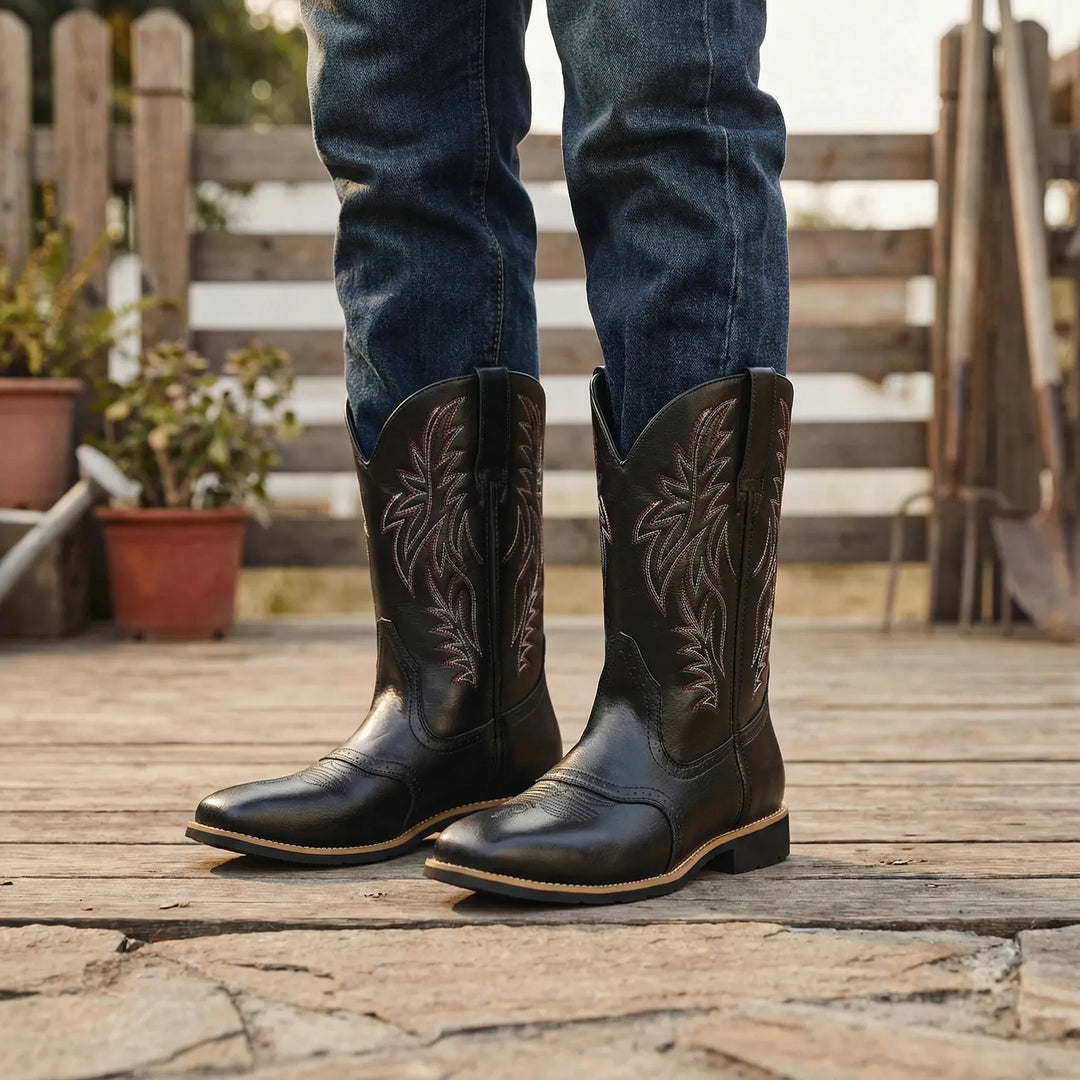 Men's calf-length cowboy boots, slip-on with sturdy block heel for rugged western style & comfort.