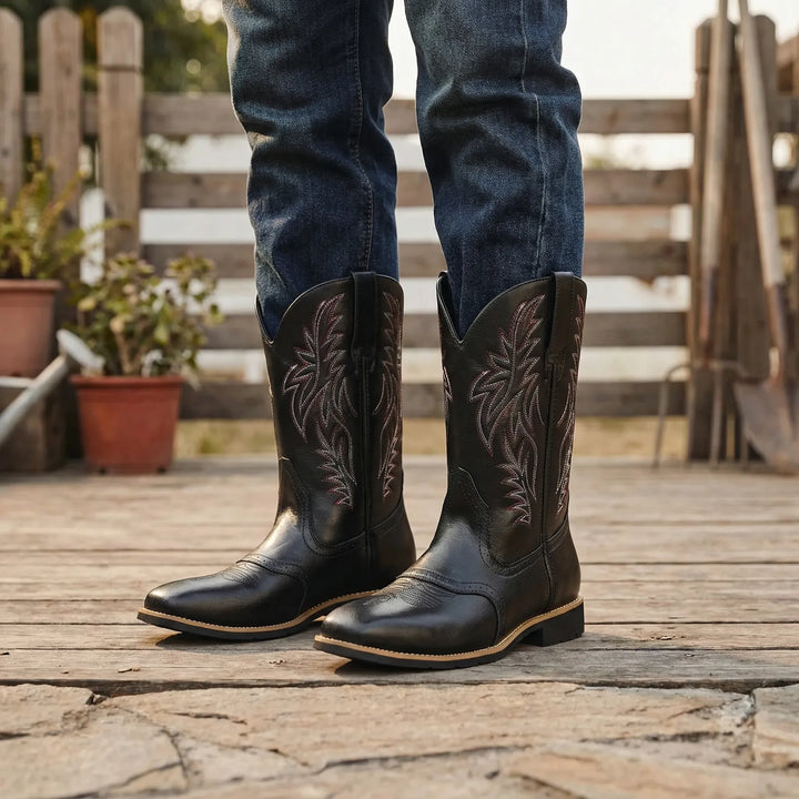 Men's calf-length cowboy boots, slip-on with sturdy block heel for rugged western style & comfort.