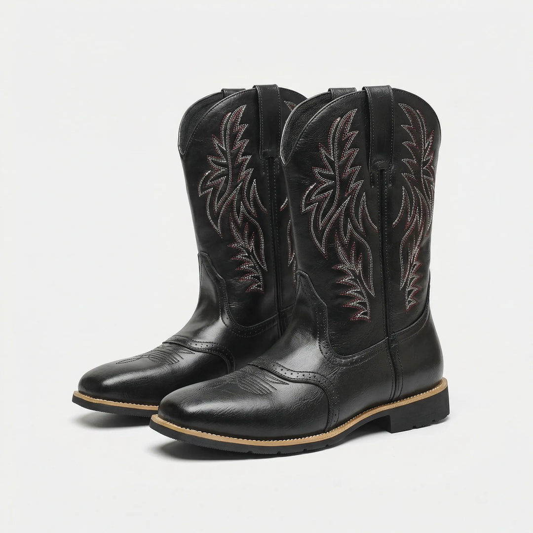Stylish men's calf-length cowboy boots with embroidered details, block heel, for rugged comfort.
