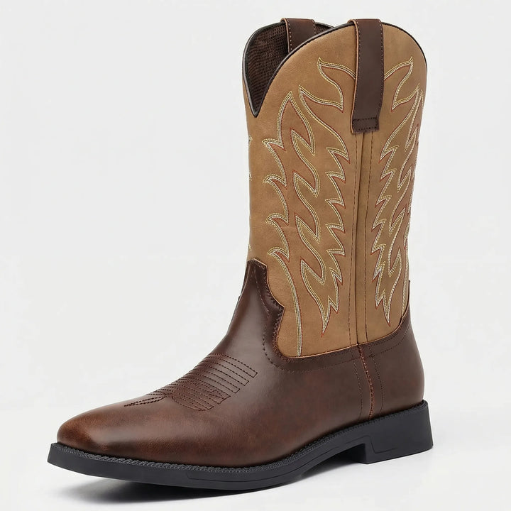 Comfortable men's slip-on western boots, calf-length, sturdy block heel for all-day rugged style.