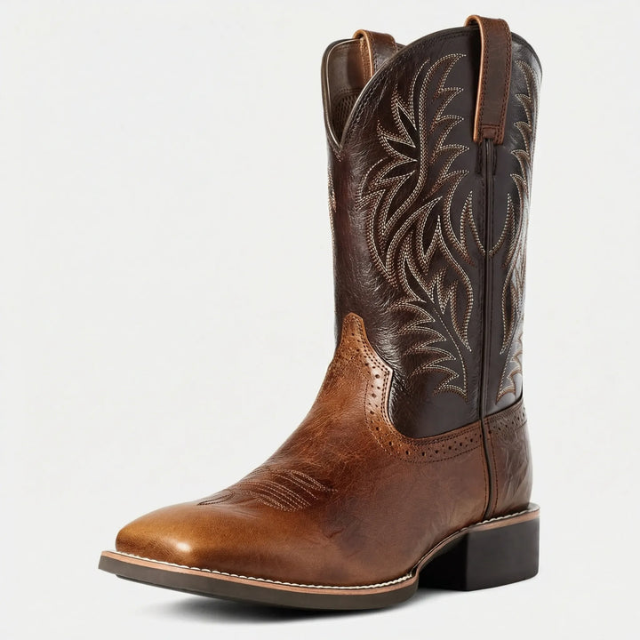 Men's fashion calf-length cowboy boots, slip-on, embroidered, block heel for an authentic western look.