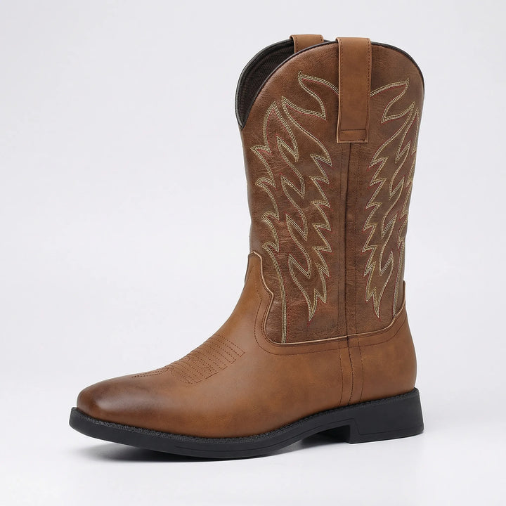 Durable men's calf-length cowboy boots, slip-on, block heel, combining rugged style with all-day comfort.