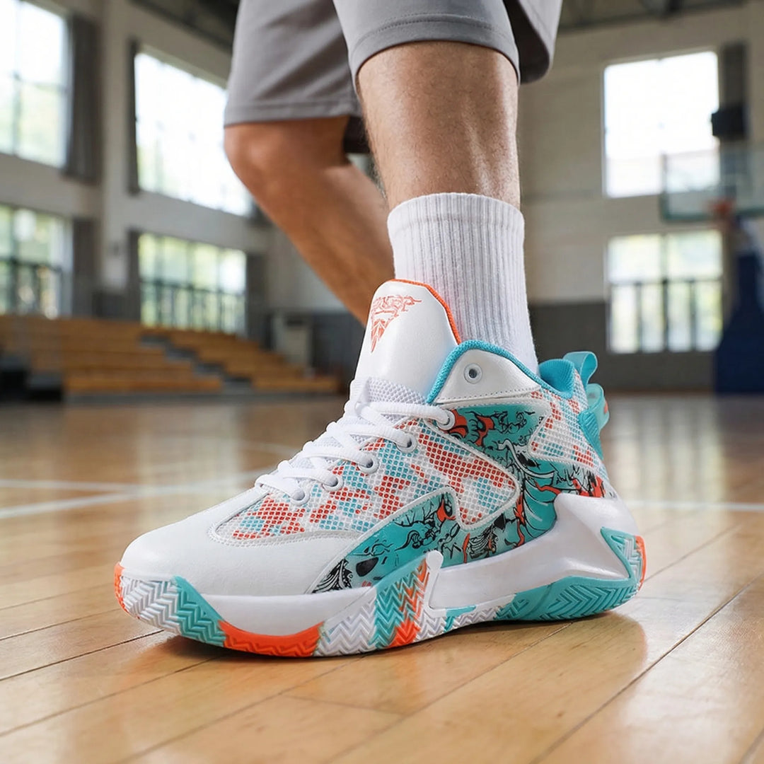 Men's Calvin high-top court sneakers, bold graphic print for agility and traction on basketball courts.