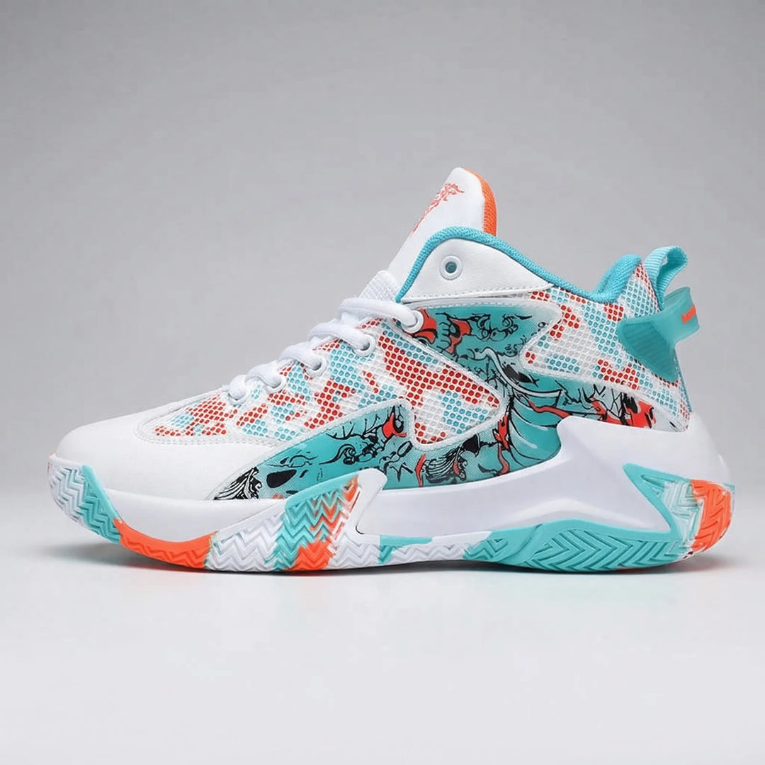 Bold graphic men's high-top athletic sneakers. Calvin court shoes with cushioned support for sports agility.