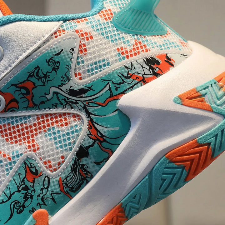 Agility-focused men's high-top basketball sneakers by Calvin. Graphic print court trainers with superior traction.