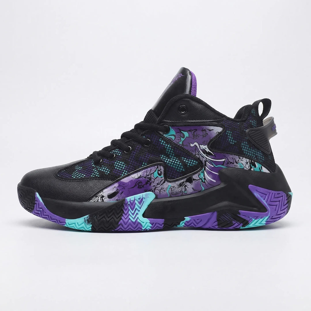 Graphic print men's high-top court shoes for basketball agility. Calvin sports footwear with excellent traction.