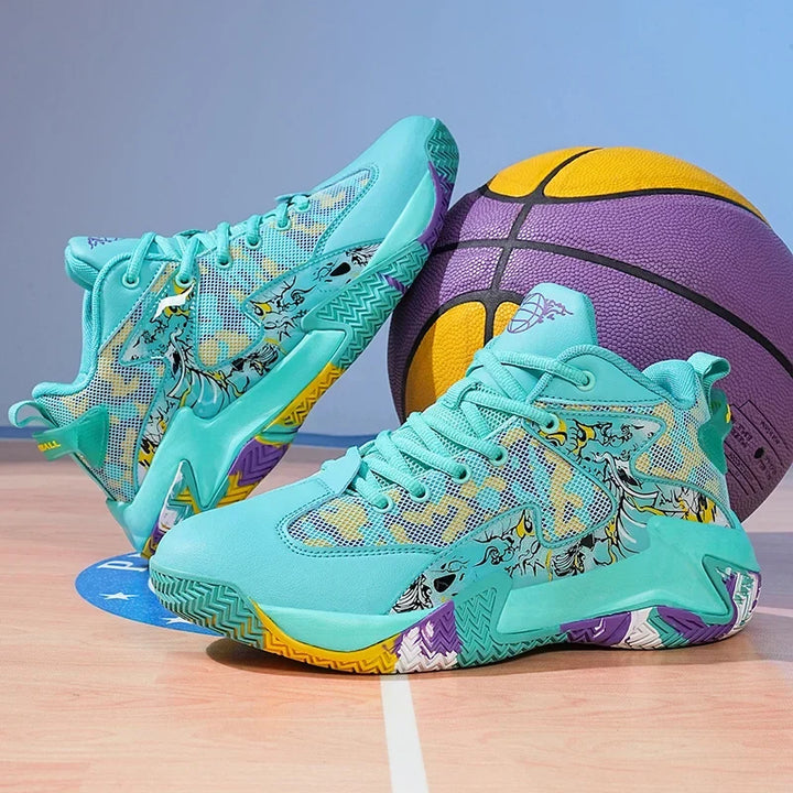 Men's bold graphic basketball shoes, high-top for intense court performance.