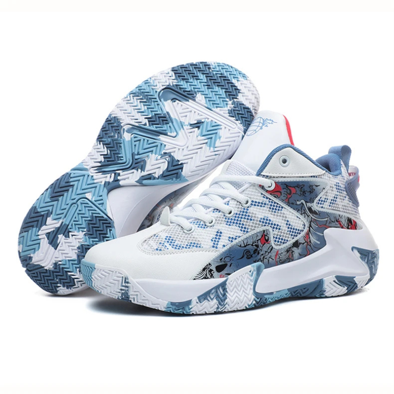 High-top men's court sneakers with bold graphic print, maximum traction.