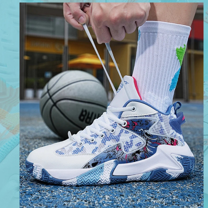 Bold graphic men's high-top court shoes for superior athletic performance.
