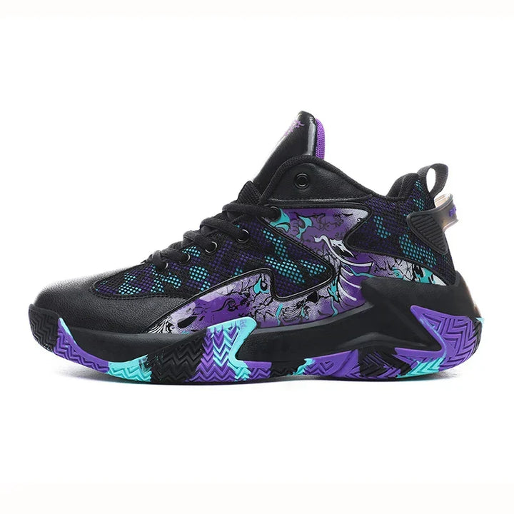 Men's athletic graphic court sneakers, high-top design, basketball-ready.