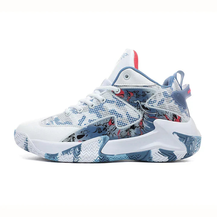 Bold graphic men's basketball shoes, high-top, engineered for court sports.