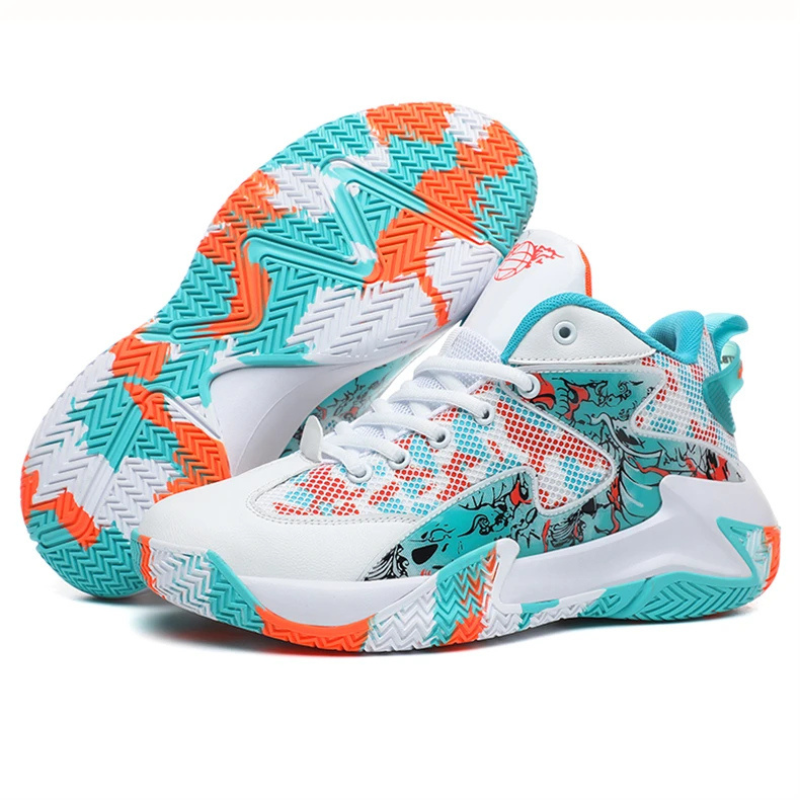 Bold graphic men's court trainers with enhanced ankle support & traction.