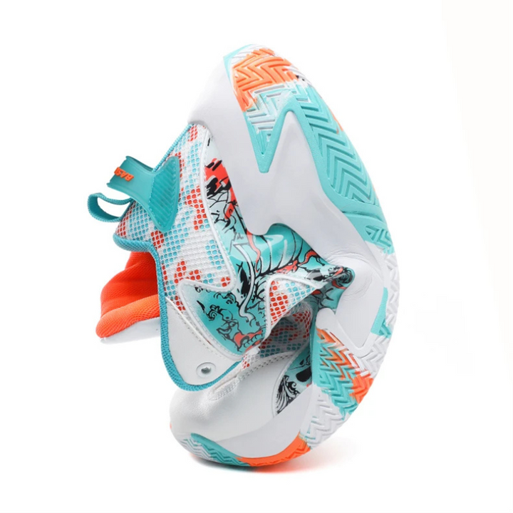 Men's graphic print basketball sneakers, high-top for ankle support.