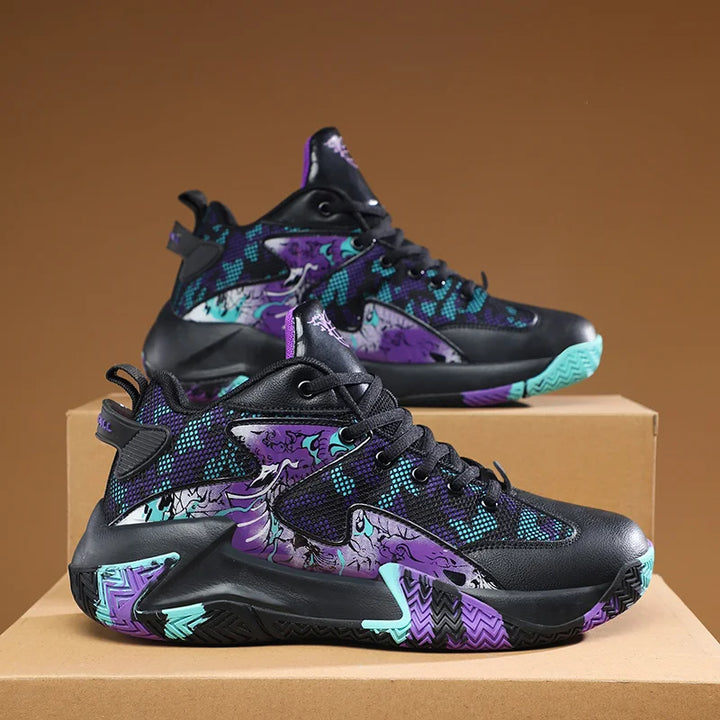 Performance men's high-top court shoes with bold graphic print & support.