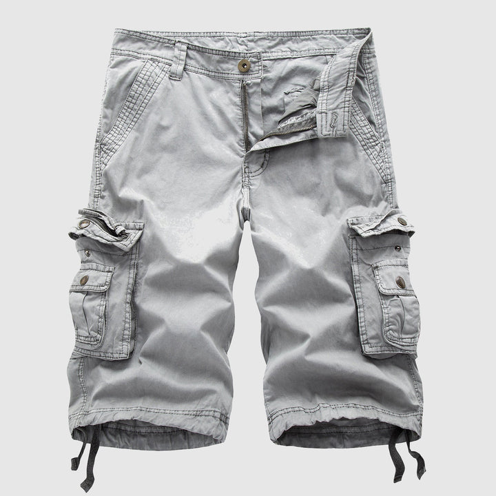Men's multi-pocket cargo shorts featuring an adjustable hem, durable for outdoor gear & casual comfort.