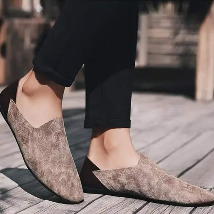 Close-up of men's sand-colored microfiber slip-on loafers, comfort focus