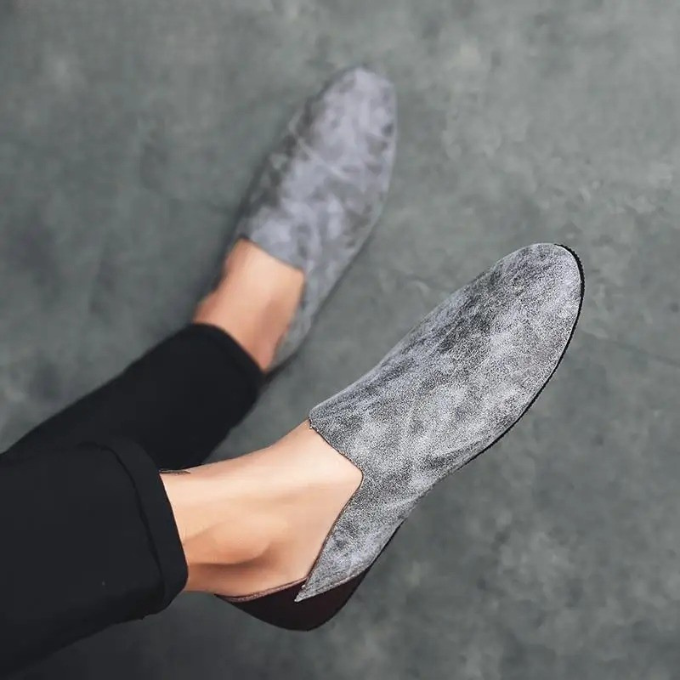 Stylish gray slip-on loafers for men, comfortable casual footwear option