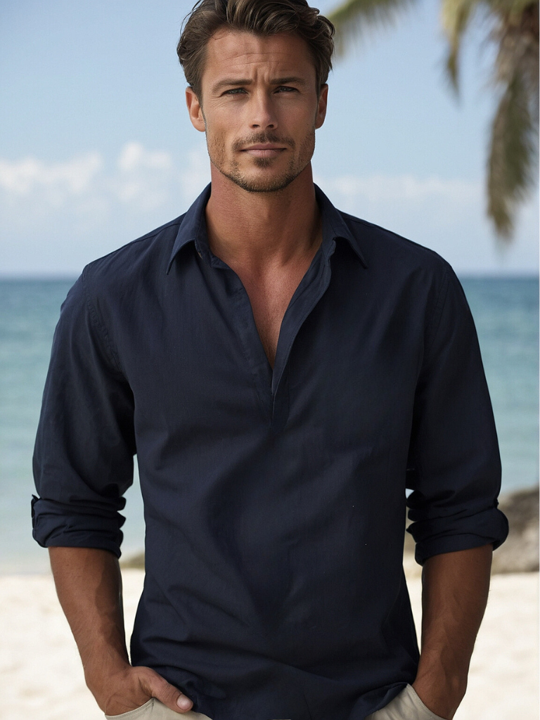 Men's casual button-up shirt for summer, lightweight & perfect for beachwear.