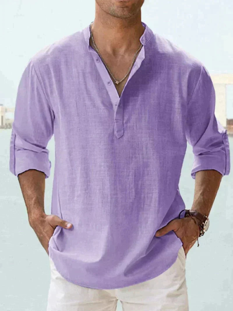 Smart casual men's button-up shirt, lightweight for summer beach & resort wear.