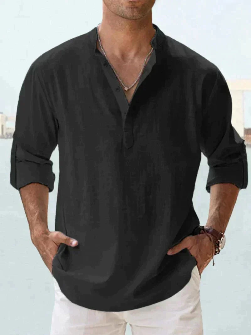 Versatile men's casual button-up shirt, lightweight and perfect for summer beaches.