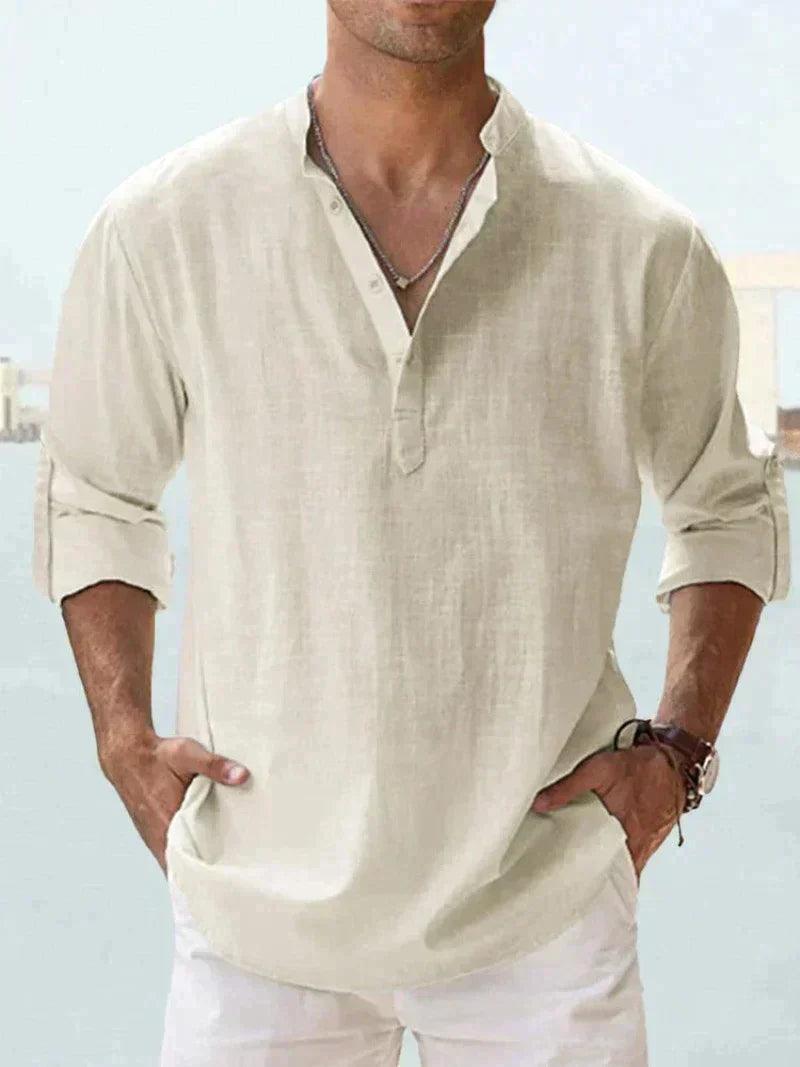 Relaxed fit men's casual button-up, lightweight for summer beachwear.