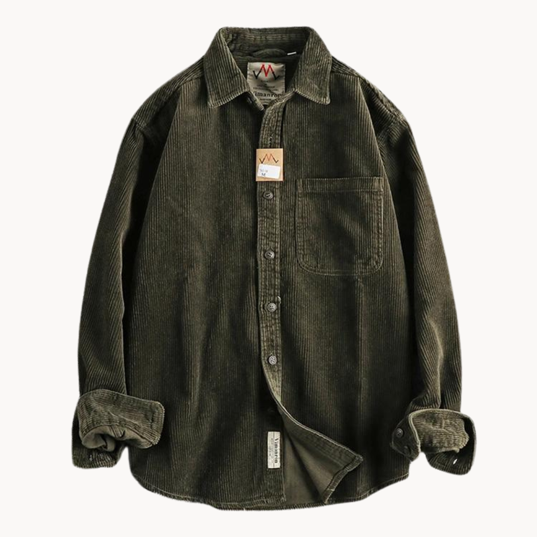 Back view of a men's long sleeve corduroy button-down shirt, emphasizing its relaxed fit.