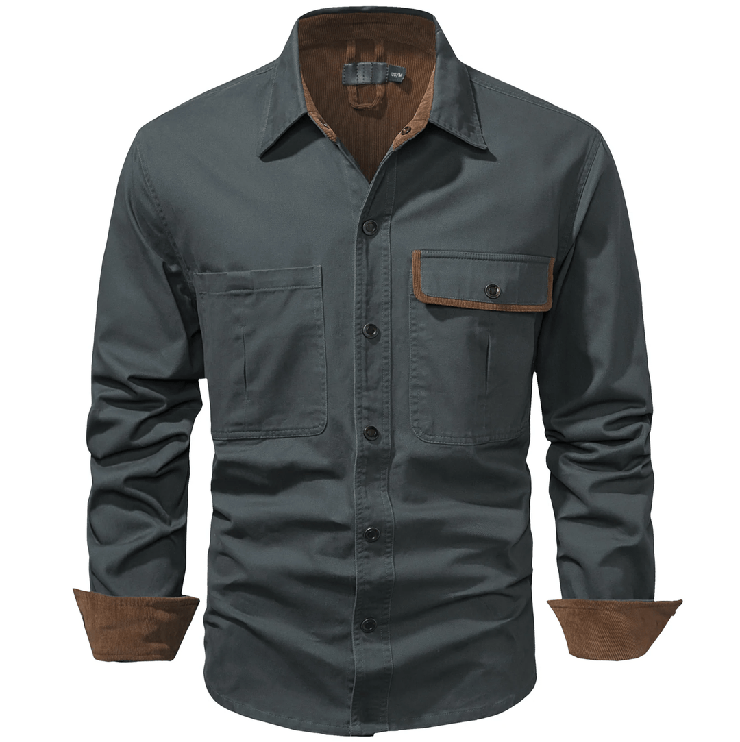 Men's casual cotton button-up shirt jacket in classic navy, perfect for layering.
