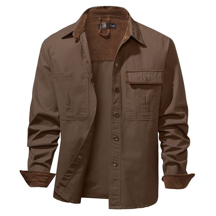 Folded men's cotton button-up shirt jacket, ready for travel or storage.