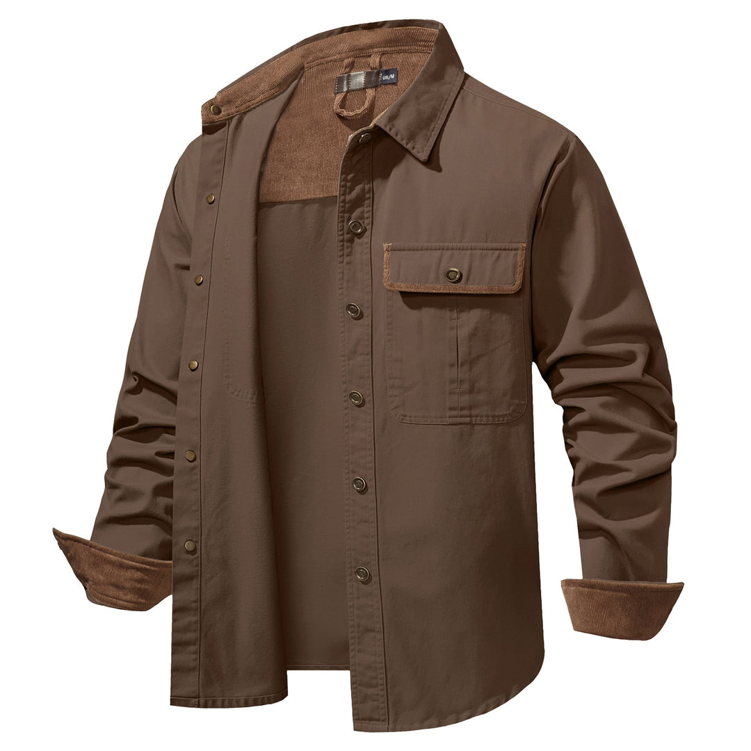 Side profile of men's relaxed fit cotton button-up shirt jacket, comfortable outerwear.