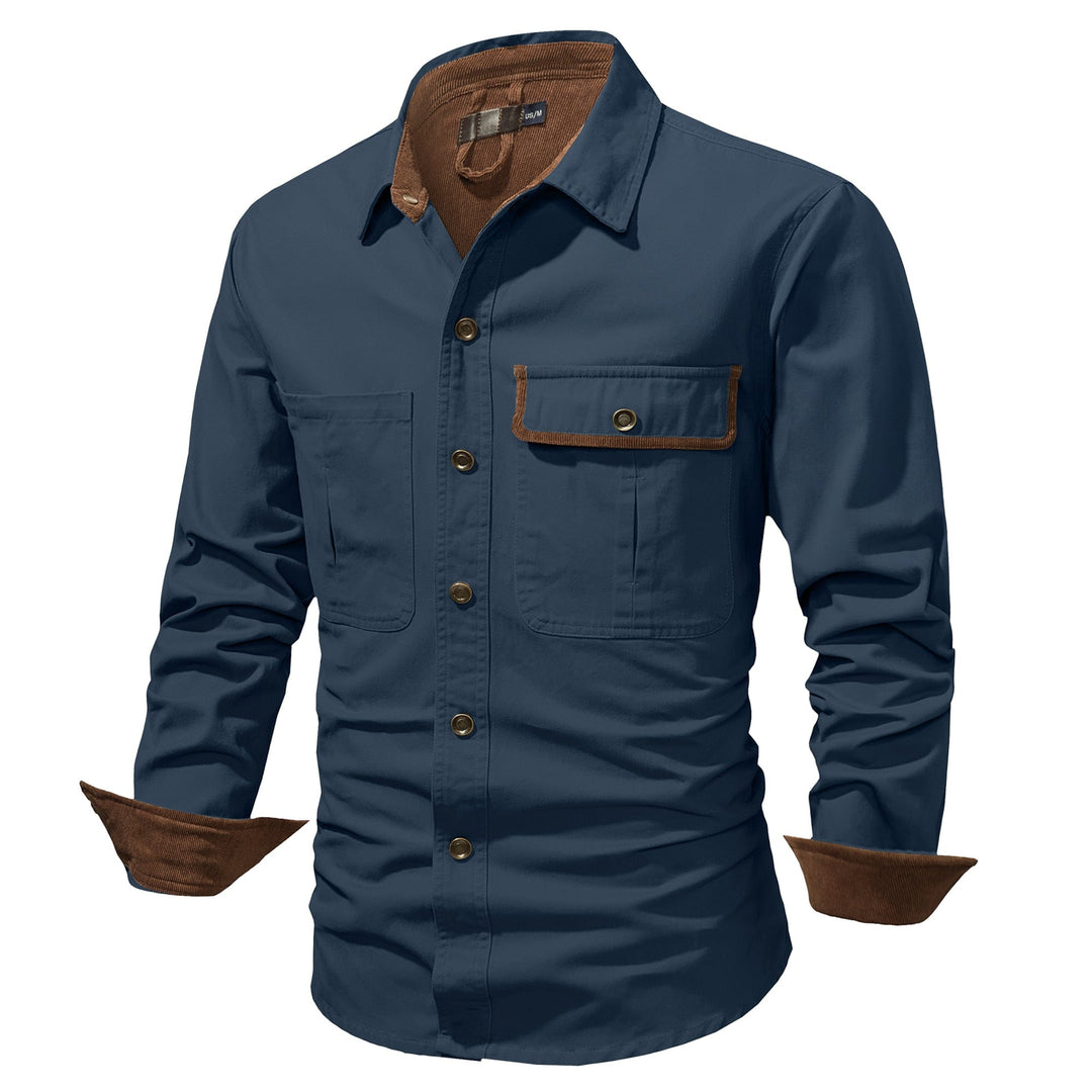 Men's outdoor style: light-colored cotton button-up shirt jacket for spring/fall.