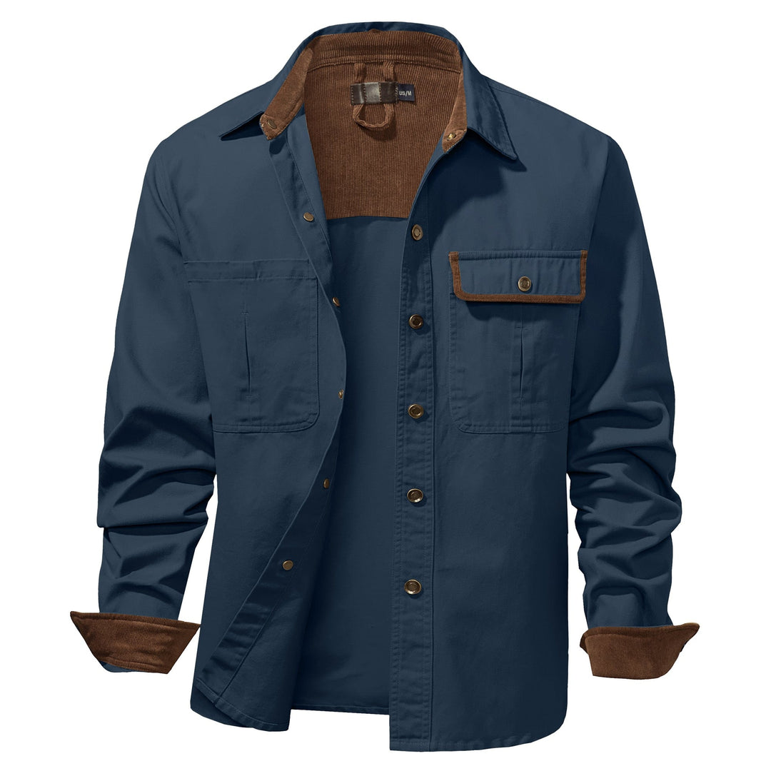 Men's apparel: brown cotton button-up shirt jacket, a layering essential for men.