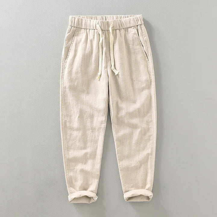 Comfortable men's joggers made from a breathable cotton linen blend fabric, ideal for casual wear.