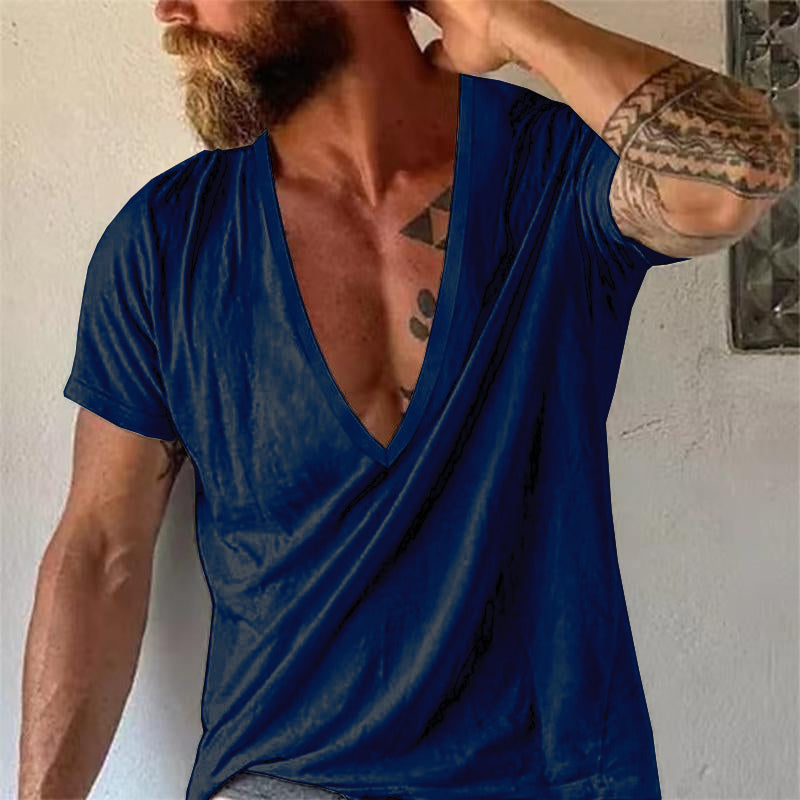 Versatile men's deep V-neck tee. Casual short sleeve t-shirt with a relaxed fit, ideal for summer comfort.