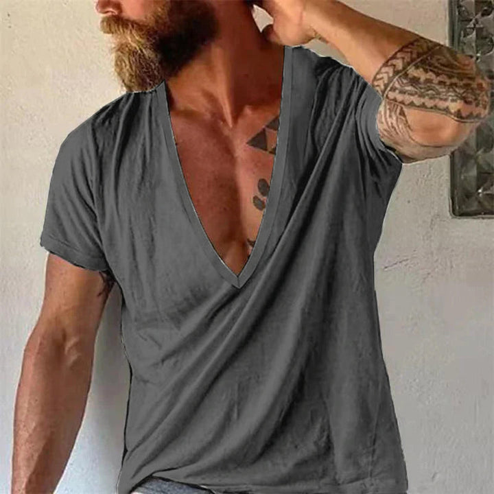 Easygoing men's deep V-neck t-shirt. Relaxed fit, short sleeve summer top for casual everyday style.