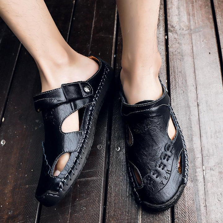Top-down view of men's genuine leather sandals, highlighting breathable design elements