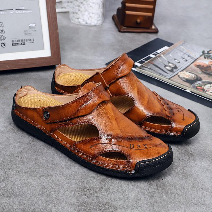 Genuine leather casual sandals for men, featuring a comfortable and breathable fit