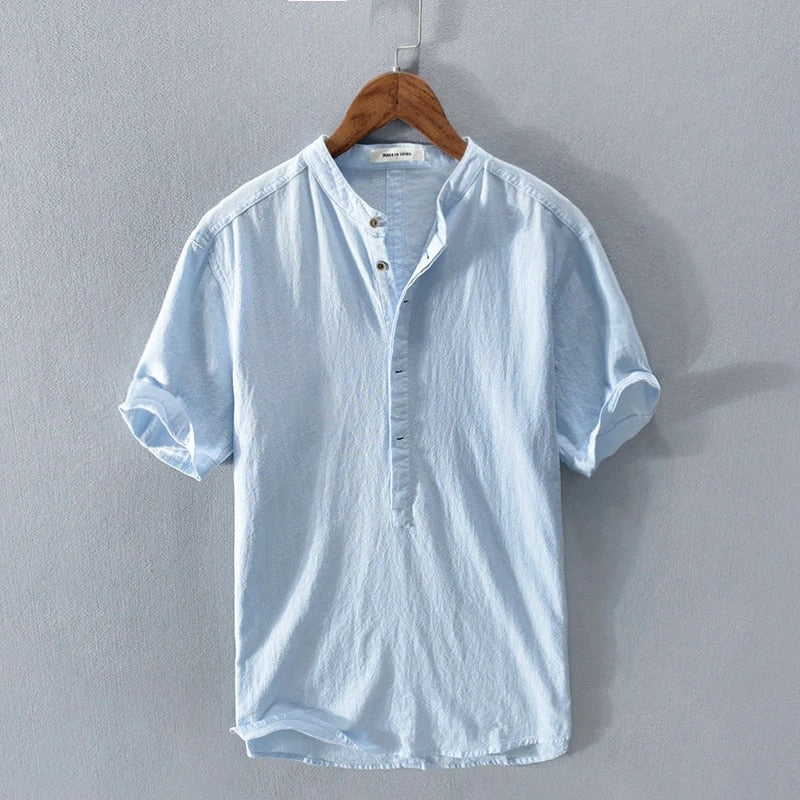 Fashionable men's short-sleeve cotton linen blend top, breathable and ideal for casual wear.