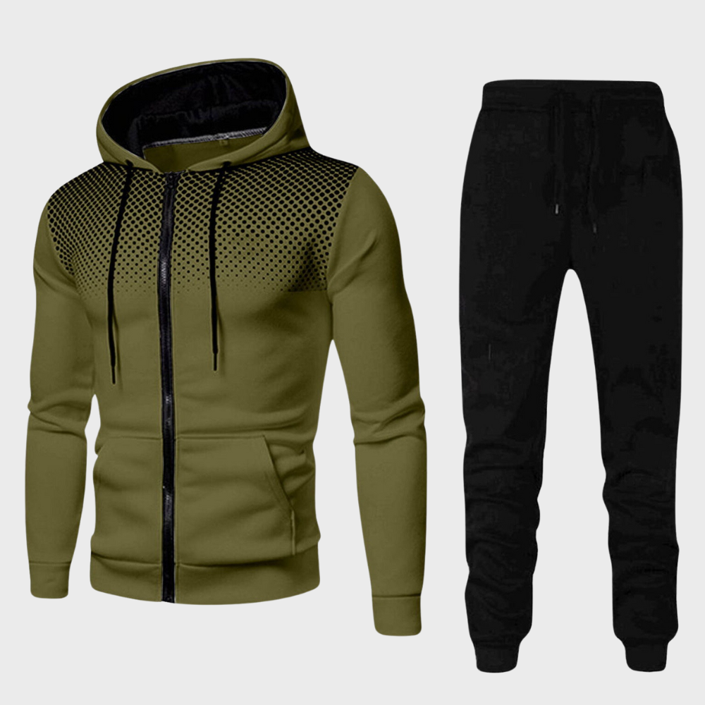 Men's casual grey tracksuit set featuring a comfortable hoodie and matching joggers, ideal for athletic wear.