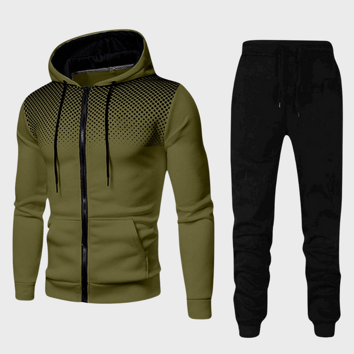 Men's casual grey tracksuit set featuring a comfortable hoodie and matching joggers, ideal for athletic wear.