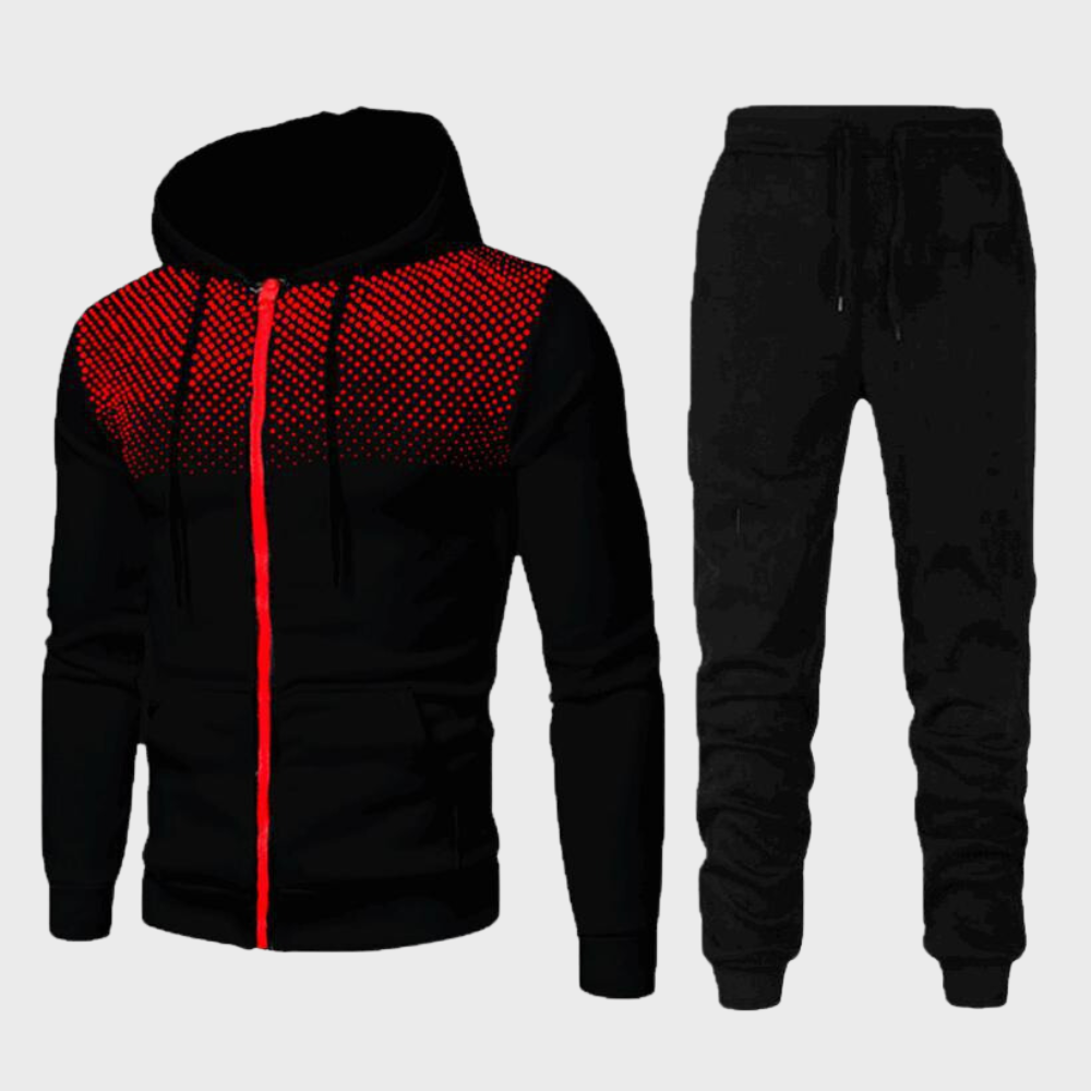 Stylish men's black tracksuit with a hooded top and joggers, perfect for streetwear and everyday comfort.